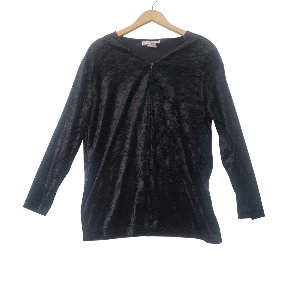 Componix Crushed Velvet Top Large Black Vintage 90s Tassel Zip Long Sleeve Goth